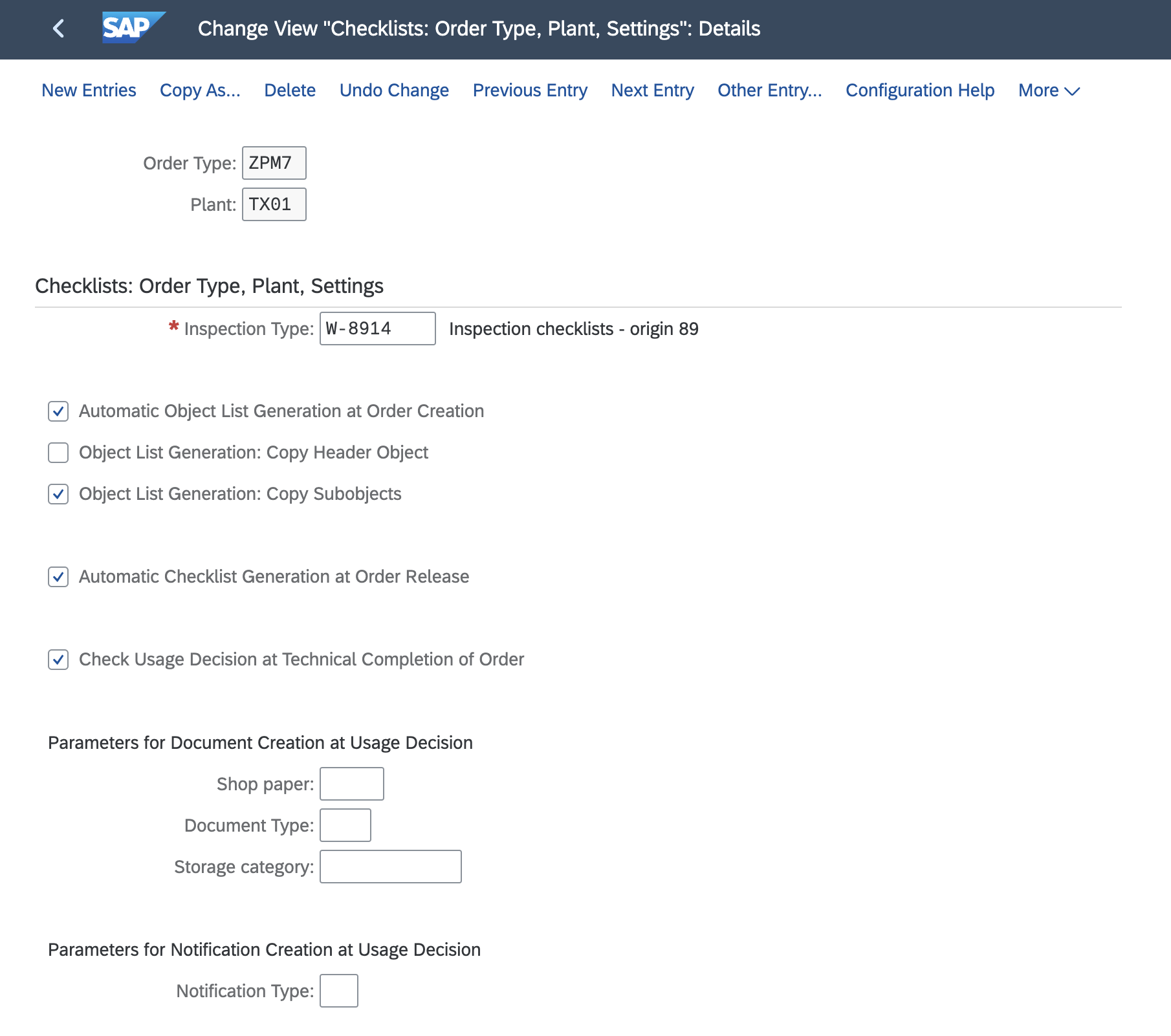 Checklist order types - plant settings SAP EAM