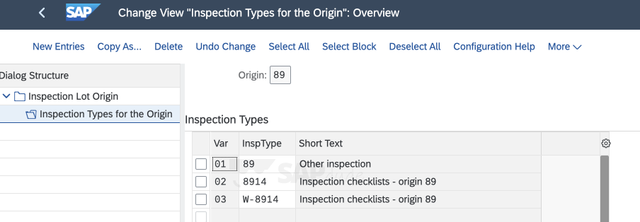 EAM Inspection types for origins