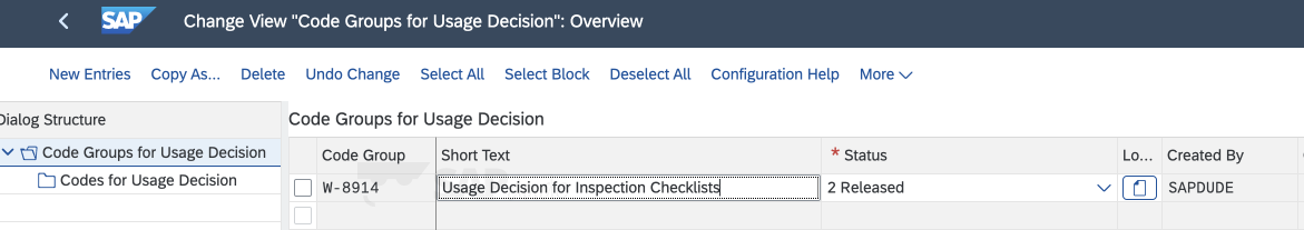 SAP Code groups for usage decisions EAM inspection checklist