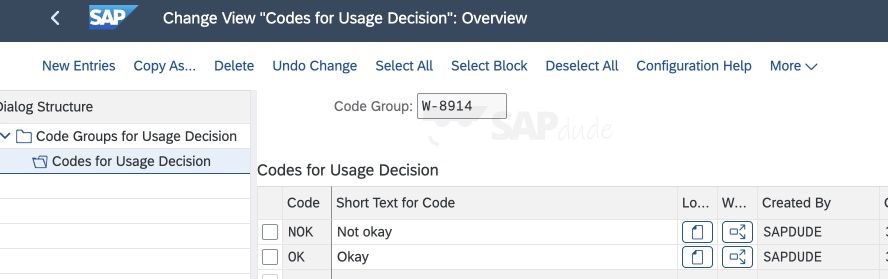 SAP EAM Codes for usage decision inspection